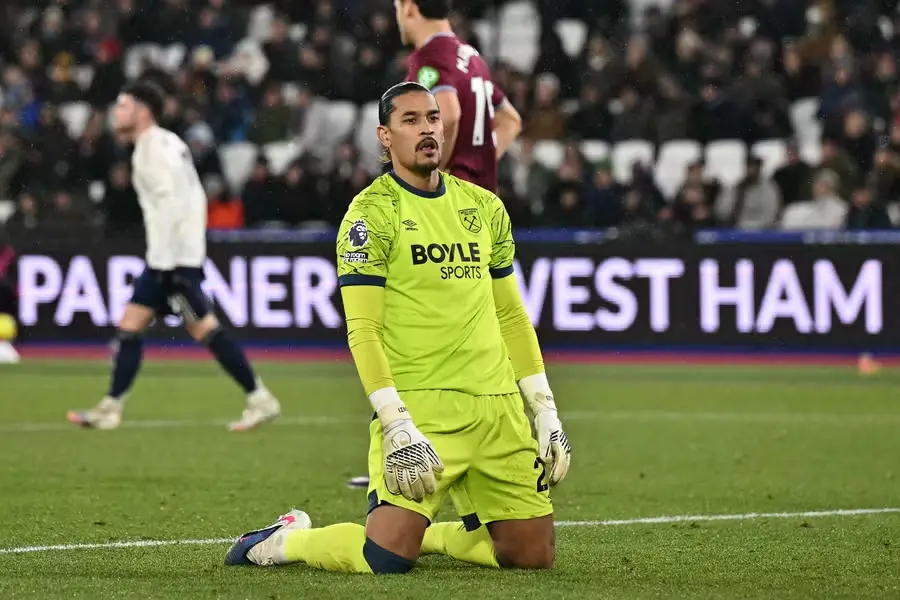 West Ham goalkeeper Alphonse Areola reacts after Nottingham Forest clip the bar with a shot